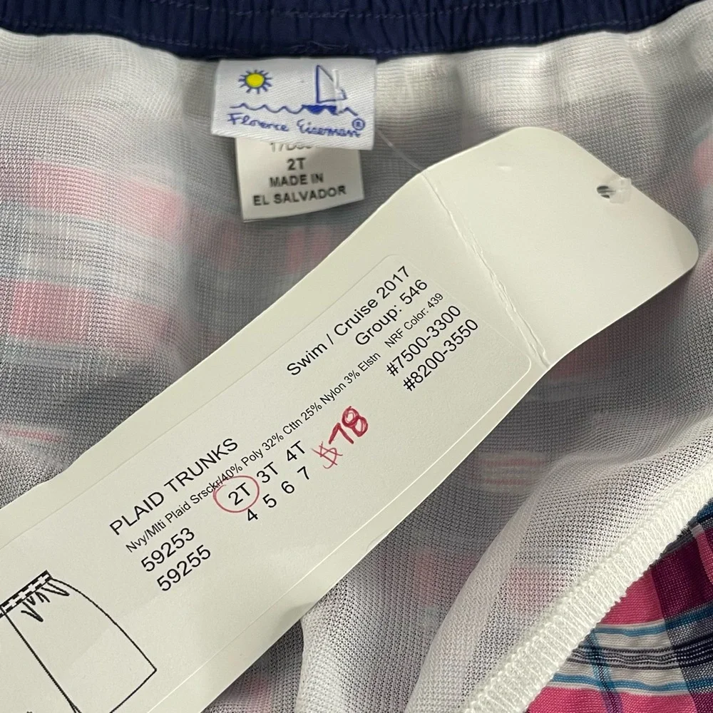 Florence Eiseman Boys Seersucker Plaid Swim Trunks Navy Pink 2T